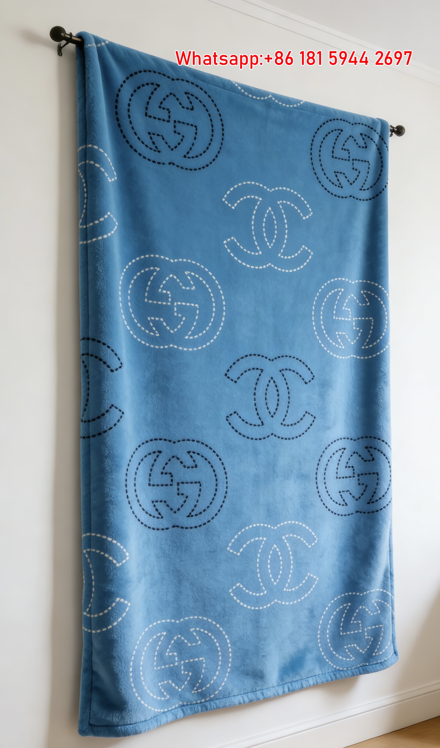Blue Dual Brand Monogram Flannel Blanket Chic GG & CC Logo Pattern Wall Tapestry IMG_2655